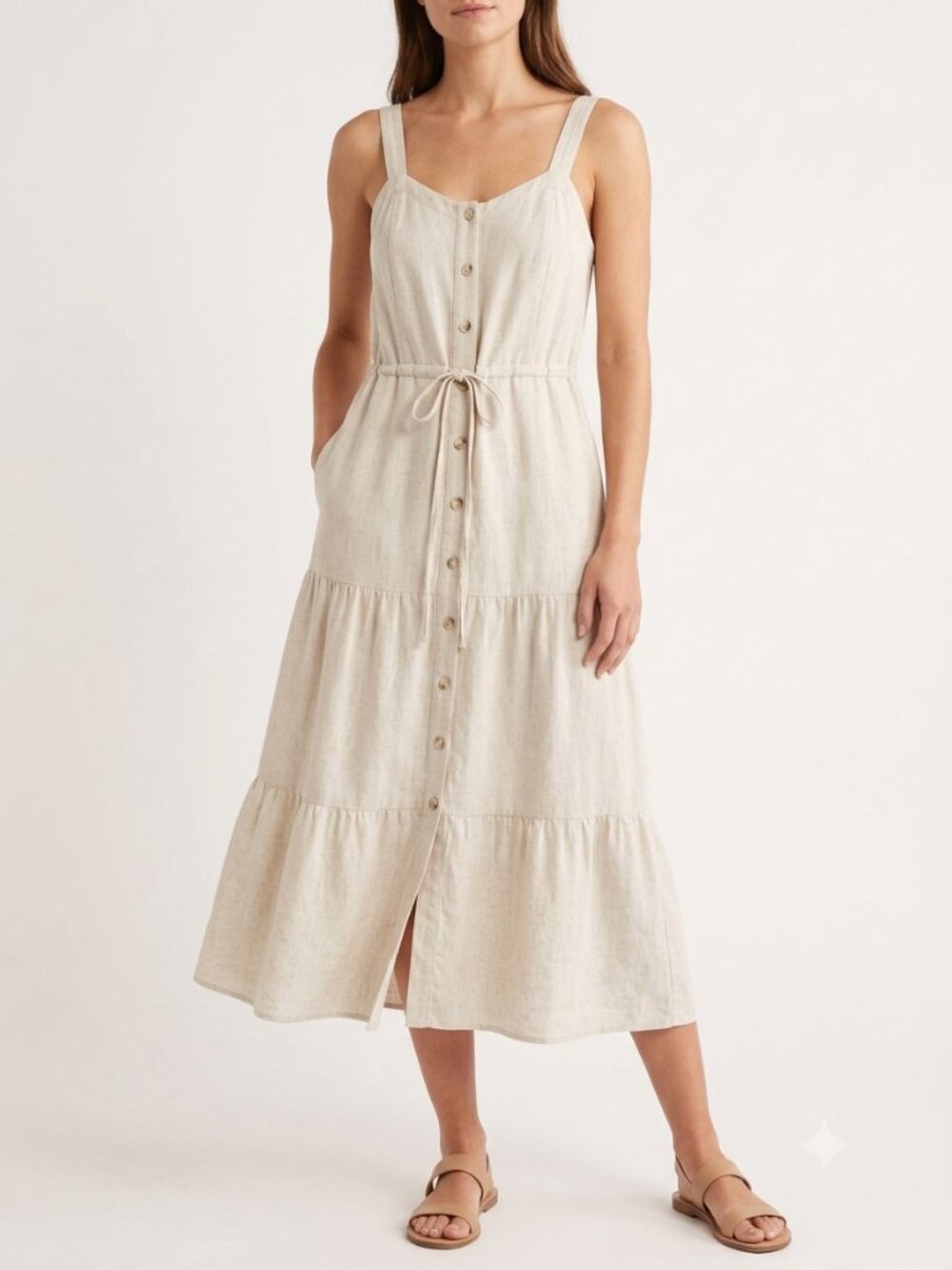 Lucky Linen Blend Tiered Midi Dress M Cream Beige NWT